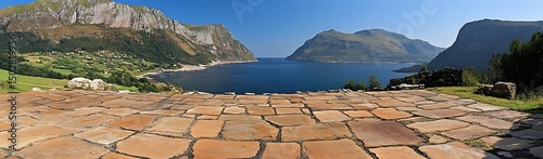 Fjord view from stone terrace