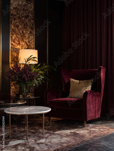 Elegant burgundy velvet wingback chair and marble coffee table in a dark room.