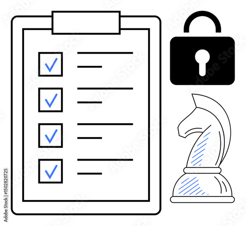 Checklist with blue checkmarks, security lock symbolizing confidentiality, and a chess knight suggesting strategic decision-making. Ideal for planning, security, strategy, governance, organization
