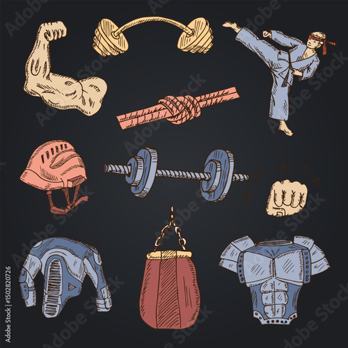 Strong set. Isolated elements on chalkboard background. Symbol collection.