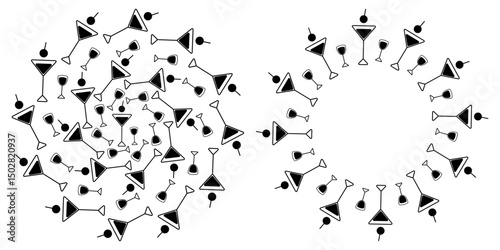 Triangular Martini glass and shot glass Circular Backdrop Texture and Frame Copy space Template idea