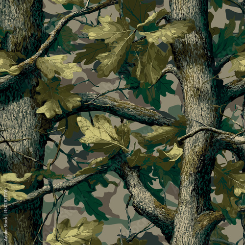 Mossy Oak Tree Camouflage Seamless Pattern, Real tree forest camouflage seamless pattern design pattern for hunting and military uniform. Hunting camouflage