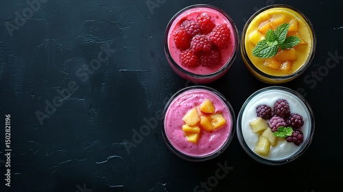 A great set of colored fruit smoothies with yogurt fresh fruit and berries ahealthy breakfast top view free space for your text on a black background red and yellow easter eggs in a bowl photo