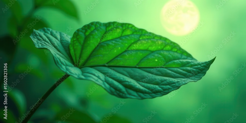 Obraz premium A Single Vibrant Green Leaf Illuminated by Soft Light, a Symbol of Nature's Purity and Growth