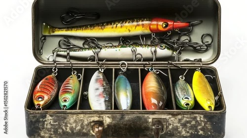 Vintage tackle box filled with various colorful fishing lures, set against a neutral background photo
