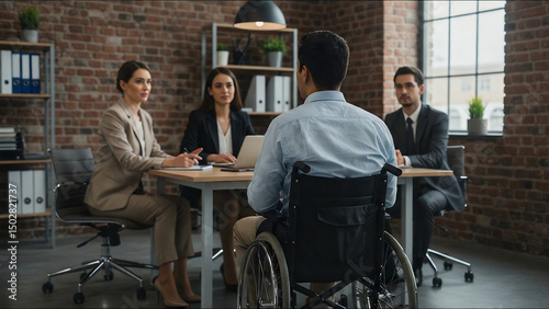 Hr managers interviewing a businessman in a wheelchair during a job interview in a modern office, promoting diversity and inclusion in the workplace