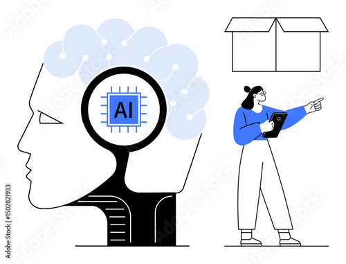 AI chip inside human brain, professional analyzing data on tablet, and open box. Ideal for AI, innovation, technology, machine learning, cognitive science, brainstorming simple landing page