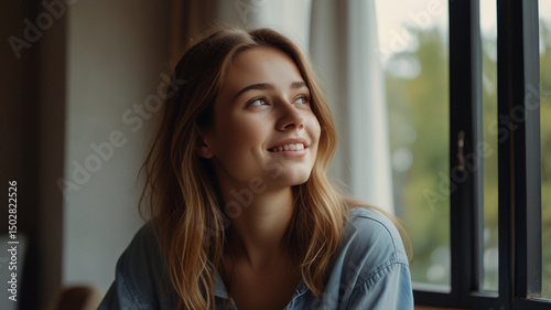 A young girl sits alone by the window, lost in her thoughts, surrounded by warm natural light