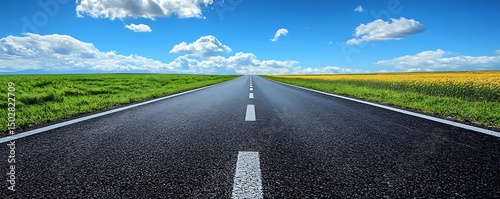 Open road, fields, blue sky, journey