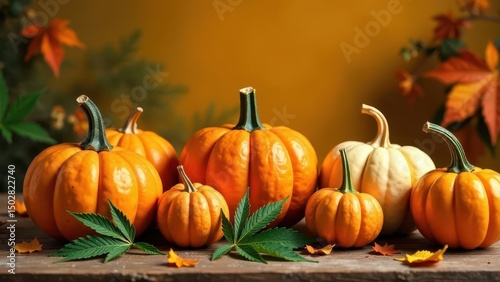Autumnal Still Life Featuring Pumpkins and Cannabis Leaves on Rustic Wooden Surface