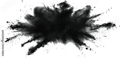 Vector black powder explosion isolated on white transparent background. Black flying explosion on a white transparent background