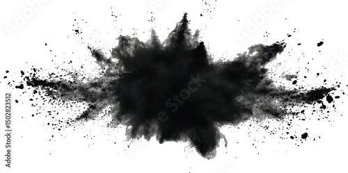 Vector black powder explosion isolated on white transparent background. Black flying explosion on a white transparent background