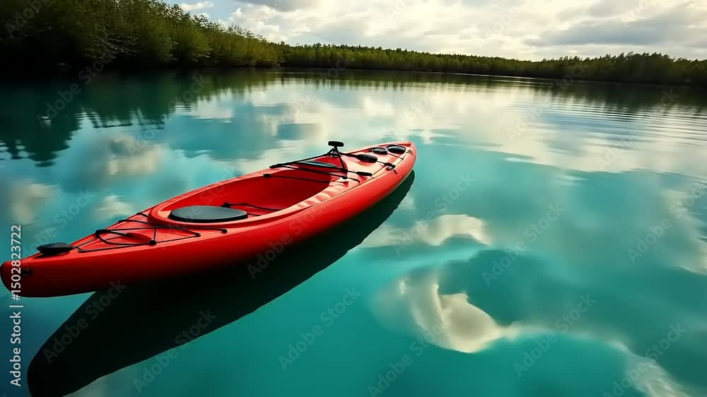 A vibrant red kayak floats peacefully on turquoise waters under a cloudy sky in a serene landscape