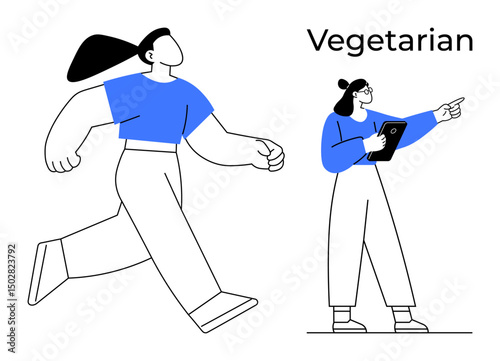 Two women, one jogging and another pointing while holding a tablet. Highlights an active and thoughtful vegetarian lifestyle. Ideal for health, fitness, mindfulness, nutrition, wellness, technology