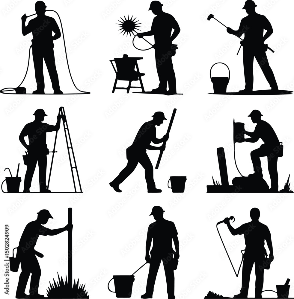 Obraz premium Construction Workers Silhouette Set – Builder, Engineer, Labor Vector Pack Silhouettes of Construction Men at Work – Industrial Worker Graphic Set