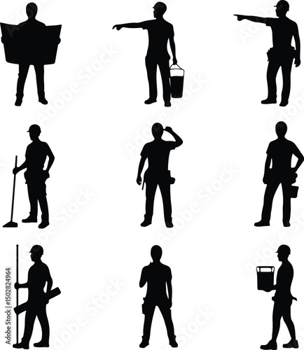 Construction Workers Silhouette Set – Builder, Engineer, Labor Vector Pack Silhouettes of Construction Men at Work – Industrial Worker Graphic Set