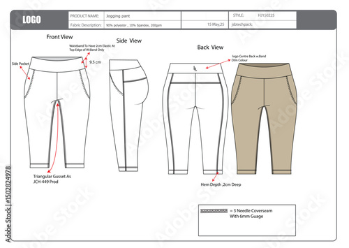 Ladies jogger pant Tech Pack design with color CAD