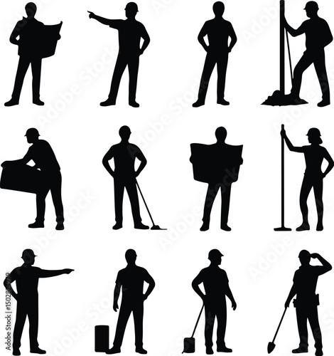Construction Workers Silhouette Set – Builder, Engineer, Labor Vector Pack Silhouettes of Construction Men at Work – Industrial Worker Graphic Set