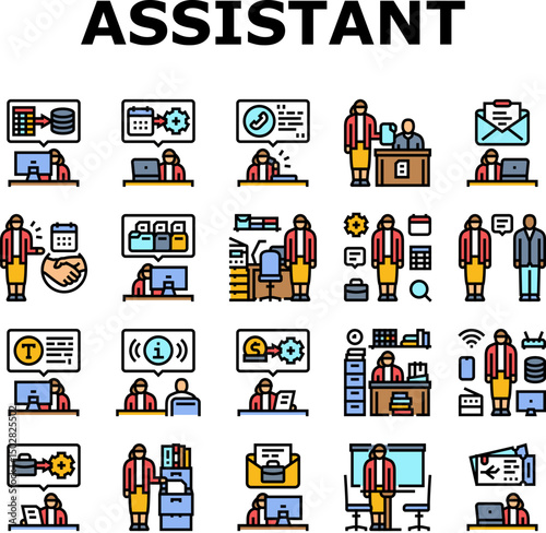 administrative assistant office icons set vector