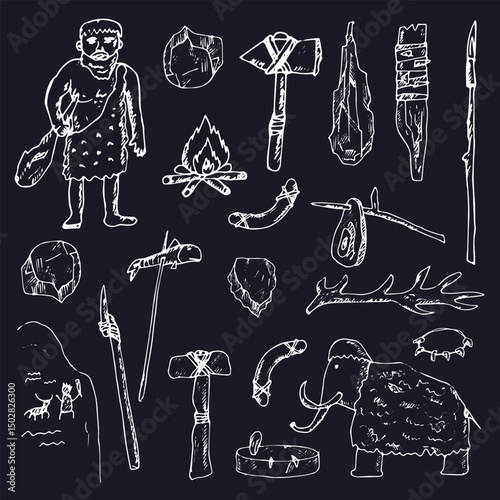 Primitive men with tools and weapons isolated hand drawn doodles Vector