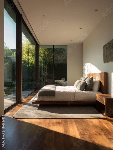 Modern bedroom with large windows and wooden furnishings.