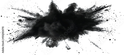 Black powder explosion on white background. Black dust explodes. Paint holi. Black vibrant rainbow holi paint color powder explosion with black colors isolated white background.
