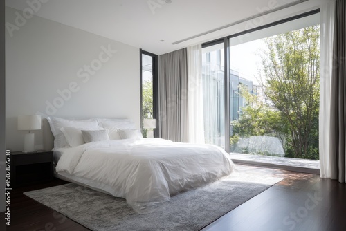 Spacious bedroom with large windows showcasing a garden view.