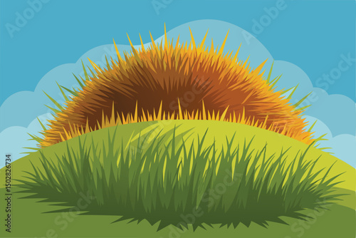 Haystack on a grassy hill under a blue sky with fluffy clouds