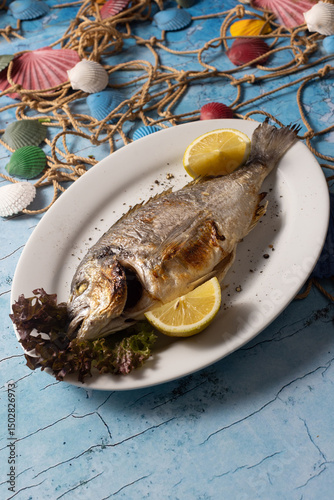 grilled fish, whole fish, seafood, lemon, sea bream, dorado, food photography, rustic, gourmet, plate, lettuce, Mediterranean, fish dish, ocean theme, cooked fish, fresh, herbs, roasted, main course, 