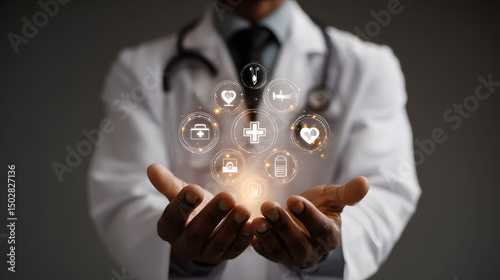 Doctor holding medical icons representing healthcare and innovation. Medical services concept