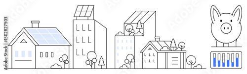 Solar panels on homes, buildings, and greenery highlight sustainability, alongside a piggy bank symbolizing savings. Ideal for sustainability, energy efficiency, green technology, urban planning