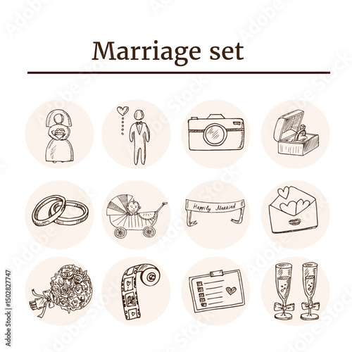 Marriage hand drawn doodle set. Vector illustration. Isolated elements on white background. Symbol collection.