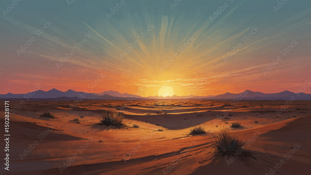 Naklejka premium Vibrant Western Desert at Sundown with Painted Sky and Shrubland 