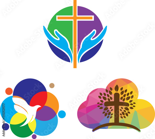 Colorful Christian vector icons with modern crosses, dove of peace, prayer hands, and tree of life. Perfect for church, faith content, events, and spiritual branding use