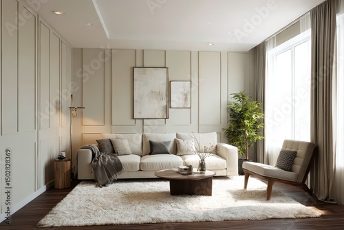 Modern beige living room with minimalist style.