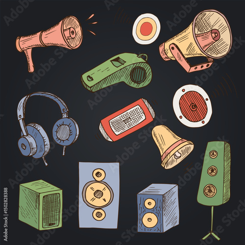 Loud hand drawn doodle set. Vector illustration. Isolated elements on white background. Symbol collection.