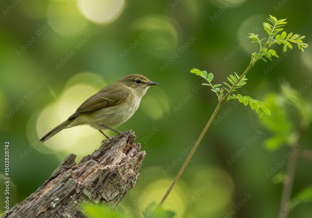 Obraz premium Olive-green bird on a branch with blurred green background.