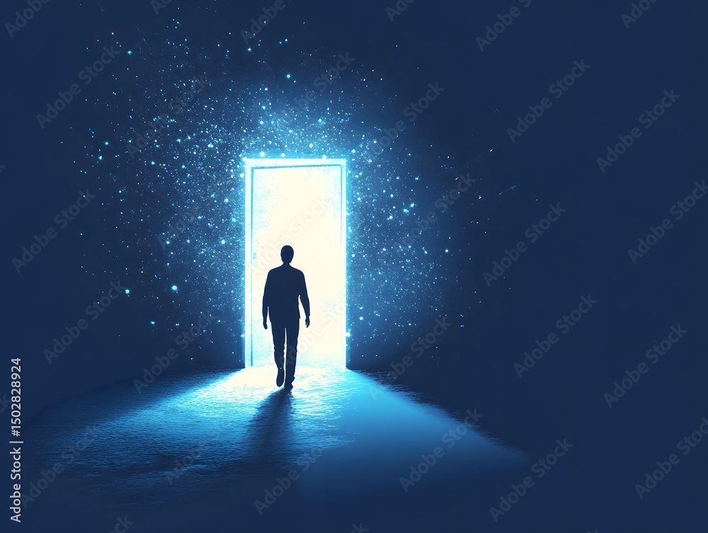 Obraz premium A Path To Future: A silhouette of a man walks toward a radiant open doorway, enveloped by an otherworldly light, symbolizing new beginnings, opportunity, and the pursuit of the unknown.