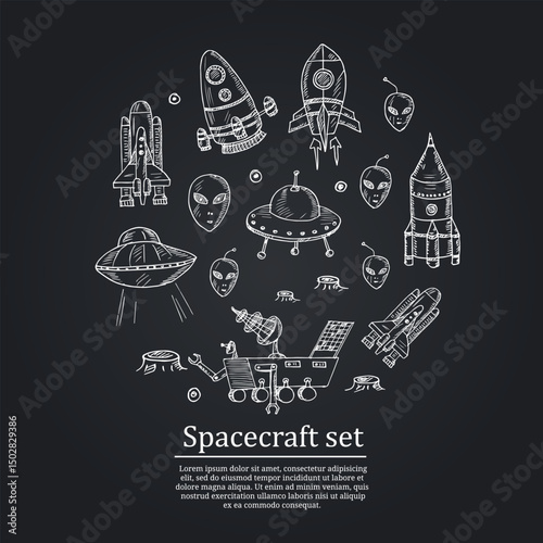 Spacecraft hand drawn doodle set. Isolated elements on white background. Symbol collection.