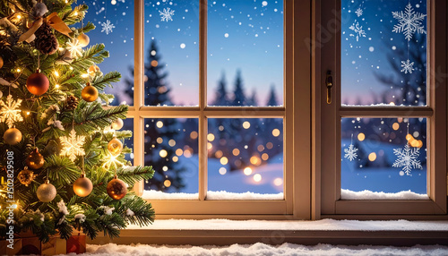 An AI generated image of Christmas background with fir tree, lights and snowflakes on window