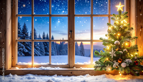 An AI generated image of Christmas background with fir tree, lights and snowflakes on window