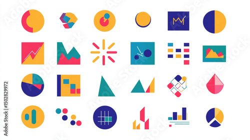 Simple flat business icon set in bright colors and clean lines covering corporate themes such as finance, teamwork and growth isolated on white background. Modern vector style design