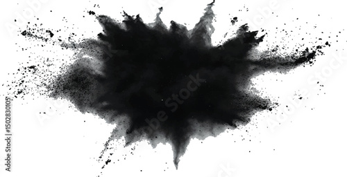 Black powder explosion on white background. Black dust explodes. Paint holi. Black vibrant rainbow holi paint color powder explosion with black colors isolated white background.