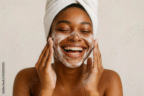 Happy black woman cleansing face spa. Female with perfect skin at facial beauty treatment. Smiling, laughing person enjoying self-care routine with foam skincare products. Beautiful cosmetology