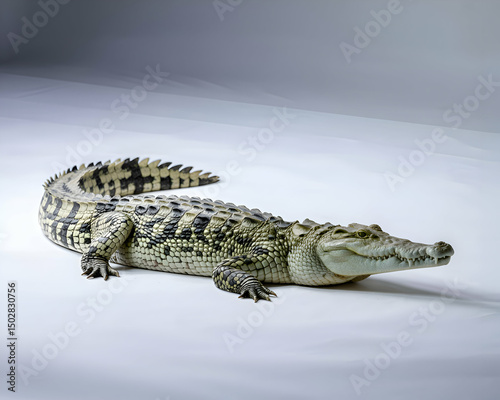 Spectacular Close Up of a Young Spectacled Caiman on White Background