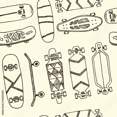 Skateboard hand drawn doodle seamless pattern. Isolated elements on white background. Symbol collection.