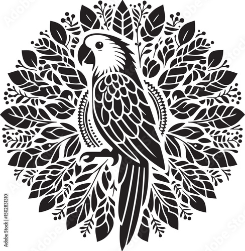Elegant Black and White Parrot Illustration with Floral Mandala Design