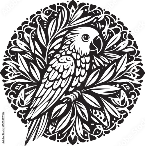 Ornate Parrot Mandala Black and White Bird Illustration