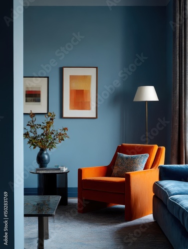 Modern living room featuring an orange velvet armchair and blue walls.