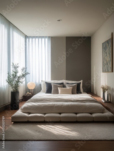 A modern bedroom with a tatami-style bed.